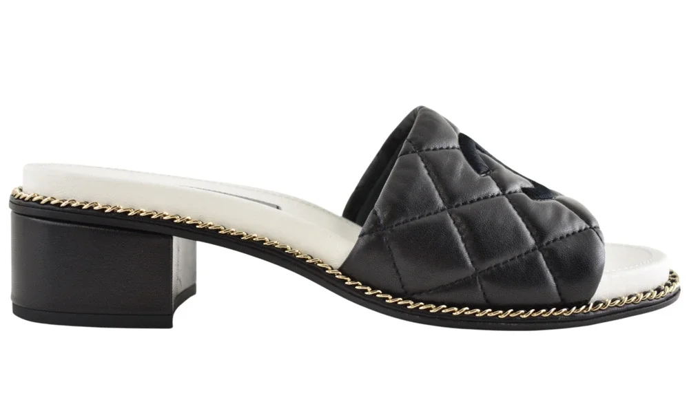 Chanel 25P Black Quilted Leather Chain CC Logo Mule Slide Sandal Block Heel 40